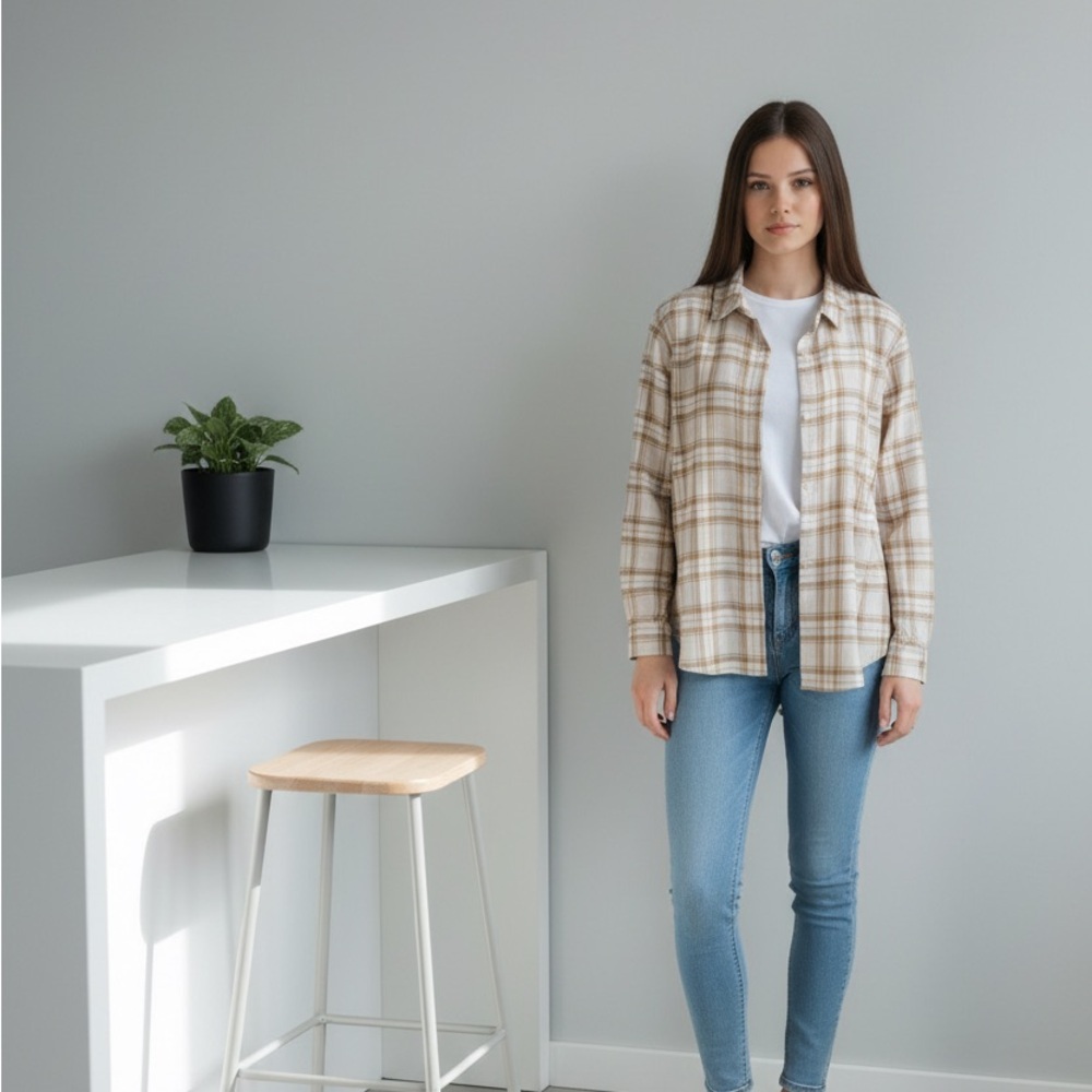 NWT Old Navy XL The Classic Shirt Flannel Long Sleeve Cream/Brown Plaid Casual